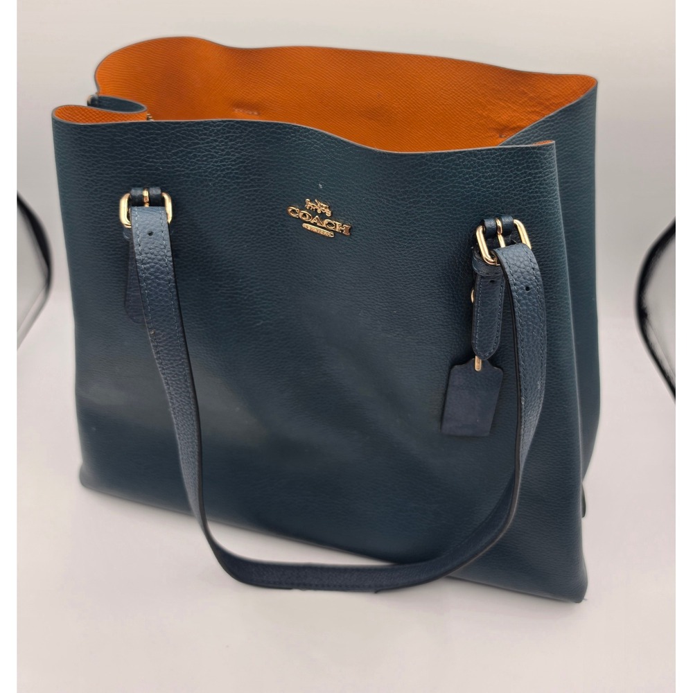 Coach Market Tote Dark Teal Pebbled Leather Orange Interior Gold Hardware Bag